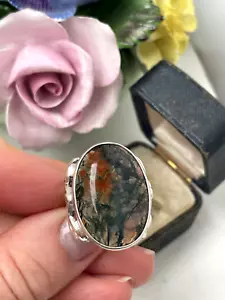 VINTAGE MODERNIST CELTIC KNOT 925 SOLID STERLING SILVER MOSS AGATE RING SIZE L - Picture 1 of 21