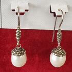 Vintage Signed 30s Style Sterling Pearl Marcasite Pearl Drop Earrings
