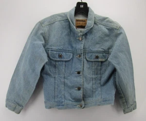 VINTAGE Arizona Jacket Girls Medium Blue Trucker Denim Button Up Crop Moto 90s * - Picture 1 of 15