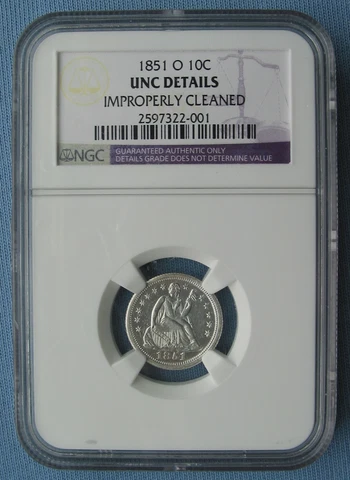 1851 O Seated Liberty Dime - NGC UNC Details cleaned (10C) Cover