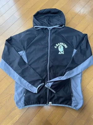 A BATHING APE Nylon Hoodie Jacket Black Grey Logo Zipper Pockets Used - Image 1 of 4