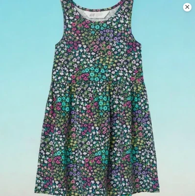 Vestido H&M Negro Estampado Forales Súper Suave Sin Mangas 100% Algodón Vestido Sin Picaduras Foto 1 de 3