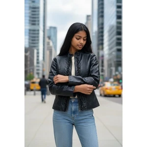 Big Chill Vintage Womens M Black Faux Leather Jacket with Ruffle Detail - Picture 1 of 4