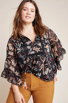 Blusa Top Maeve Mujer 1X Boho Odette Floral Campesina Semi Transparente Negra Multi Foto 1 de 4