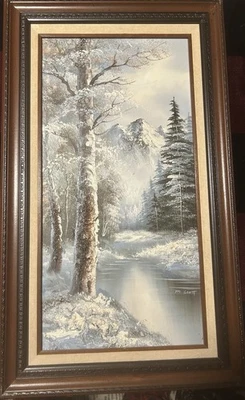 Oil Painting Canvas Sgd. M.Scott 3D Winter Mountain River Forest Framed. - image 1 of 2