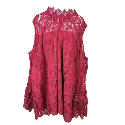 Top de encaje de ganchillo de hombro frío Roaman 32W para mujer con mangas de campana de camisola rojo Foto 1 de 4