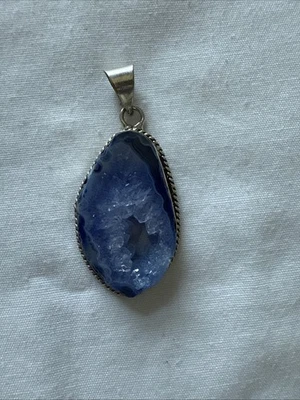 Blue Agate Geode Slice Pendant Necklace Crystal Gemstone encased by Sterling 925 - Image 1 of 4