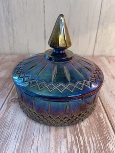 Vintage Indiana Glass Princess Blue Carnival Iridescent Candy Dish with Lid 6” - Picture 1 of 8