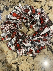 Rag Wreath/Centerpiece/Candle Ring Black White Red Buffalo Plaid 12” Handmade - Picture 1 of 10