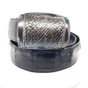 J&M Davidson Black Shiny Mens Leather Buckle Belt Silver Tone - Picture 1 of 7