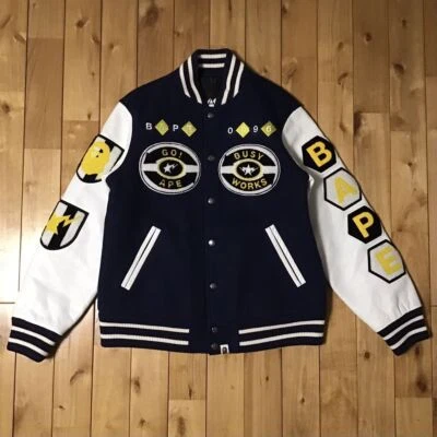 Sleeve Leather BAPE LOGO varsity jacket M size Navy a bathing ape leather 2503TY - Image 1 of 4
