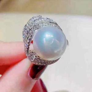 12mm Round Cut Lab-Created Pearl Cocktail Engagement Ring 14K White Gold Plated - Picture 1 of 6