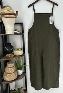 YesNo Cotton Long Bib Wide Leg Romper Jumpsuit w/Pockets, Army Green, Large - Picture 1 of 7
