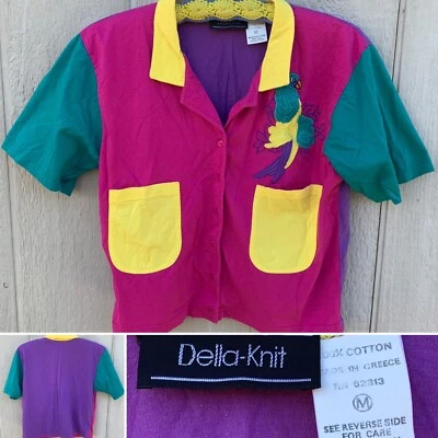 vintage Della-Knit color block top parrot short sleeve button front 80s 90s sz M - Image 1 of 4