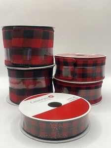 3 Sizes Black & Red Buffalo Plaid Checkered Wired Ribbon Roll 5 Rolls Total. - Picture 1 of 2