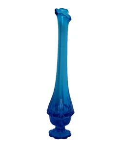 Fenton MCM Vintage Colonial Blue Thumbprint Pedestal Swung Glass Vase 14.5" Tall - Picture 1 of 8