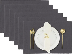 Charcoal Grey Placemats Set of 6, Cotton Ribbed Tabletop, Non-Slip Wrinkle Free - Picture 1 of 12