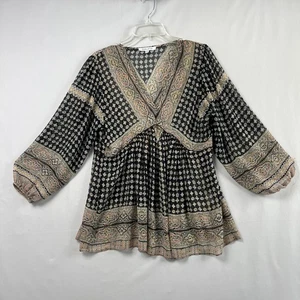 Top túnica rosa y oliva para mujer mediano cuello en V floral boho campesino transparente artístico - Imagen 1 de 12