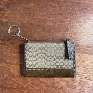 COACH Signature Mini Skinny Coin ID Case Key Ring Brown Suede & leather trim - Picture 1 of 5