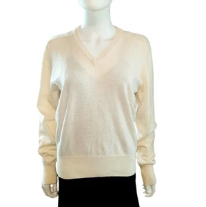 Vtg YVES SAINT LAURENT Ivory Merino Wool V-Neck Pullover Sweater L - Picture 1 of 7