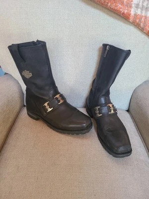 Harley-Davidson Mens Black Leather Mid-Calf Biker Boots Size 10.5 Zip Buckle - Image 1 of 4