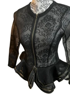Ups & Downs Jacket Womens Medium Black Mesh Peplum Sheer Ruffle Zip Up Top - Picture 1 of 5