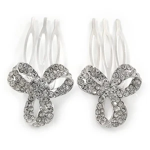 Set of 2 Small Clear Austrian Crystal Bow Side Hair Comb In Rhodium Plating - - Picture 1 of 6