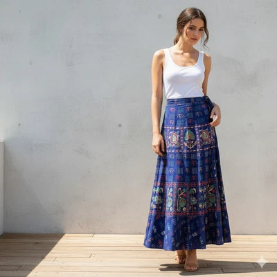 Mujer Boho Maxi Algodón Azul Largo Estampado Floral Envolvente Falda Hippie L-38" Foto 1 de 2