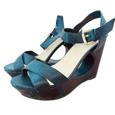 Mossimo Black Peep-Toe Sandals Size 8 Platform Wedge 4.75" Heel Cutout Buckle - Image 1 of 4