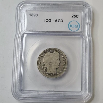 1893 Barber Quarter 25C 90% Silver ICG Certified AG3 50778110101 - Image 1 of 4