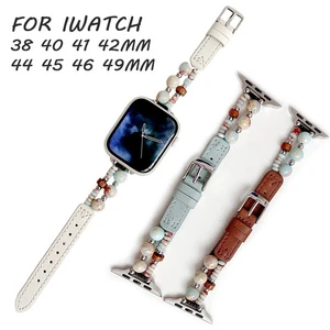 Retro Beads Band Leather Strap For Apple Watch 40mm 44 45 46 49mm Jewelry Bangle - Picture 1 of 37