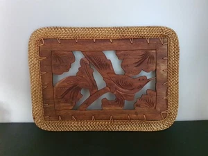 Vintage Hand Carved Teak And Rattan Place Mat or Wall Plaque Birds Balinese - Picture 1 of 7