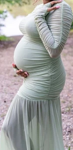 Chiffon Long-Sleeve Maternity Dress; Breathable/ Comfortable With Sheer Bottom - Picture 1 of 3