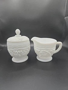 Vintage Imperial Glass Creamer & Covered Sugar Grapes & Vines Pattern Milk Glass - Picture 1 of 7
