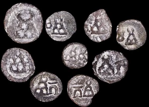 Collection of 9 Ancient India Taxila-Pushkalavati 1/4 Karshapana Coins (2nd BCE) - Picture 1 of 1