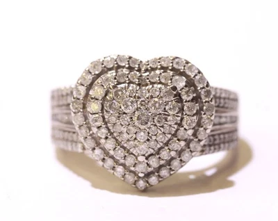 14k white gold 1.00ct I2 H diamond heart cluster ring 5.0g ESTATE VINTAGE 7.25 - Image 1 of 4