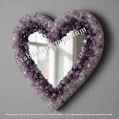 Handcrafted Amethyst Stone Heart Shape Mirror - Vanity Top Crystal Ornate Gift - Image 1 of 4