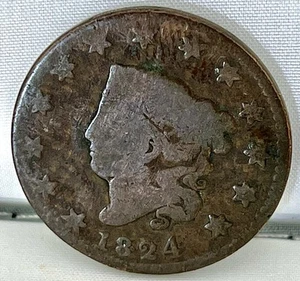 United States 1824 Matron Head Large Cent Copper Coronet Liberty Wreath - Picture 1 of 2