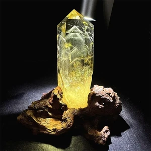 480g Top Natural Citrine Obelisk Point Reiki Quartz Healing Crystal Wand+Stand - Picture 1 of 9
