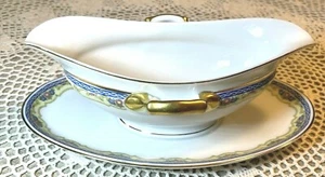 VTG Epiag Montreuxe Pink/Blue Floral Yellow Rim & Gold Trim Gravy Boat w/Plate - Picture 1 of 6