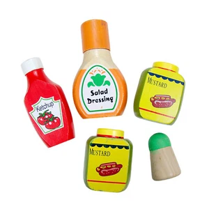 Wood Block Play Food Pretend Condiment Toys Salad Dressing Mustard Ketchup Salt - Picture 1 of 6