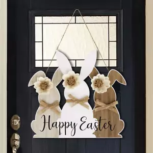 Easter Wooden Hanging Sign, Cute Wooden Bunny Happy Easter Wreath Door Sign, Gre - Picture 1 of 12