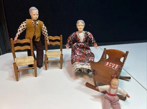 Vtg Dollhouse 5” & 3” Dolls Baby Grandfather Grandmother & 3”Cradle W 3” Chairs - Picture 1 of 10