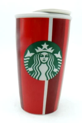 Taza de viaje Starbucks roja dorada a rayas de cerámica vaso 12 OZ 2018 Foto 1 de 4
