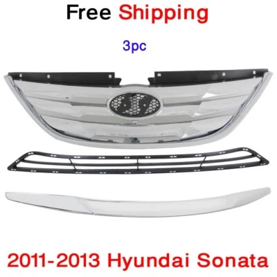 Grille with Chrome Hood Molding Trim For 2011-2013 SONATA Upper & Lower Set of 3 Foto 1 de 4
