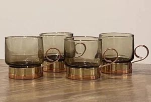 VTG Set of 4 Glass Copper Base Handle 4 oz. Coffee Cappuccino Demitasse Cups - Picture 1 of 17