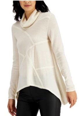 Donna Karan Womens Mosaic Ivory Asymmetrical Long-Sleeve Wool Sweater  M NWT - Image 1 of 4