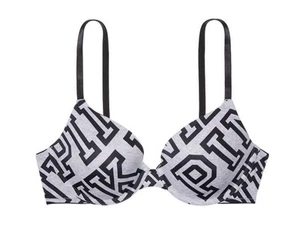 32D Victoria's Secret PINK Tshirt Bra Wear Everywhere Grey All Over Pink Print - Picture 1 of 10