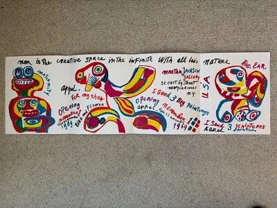 Convite de exposição vintage Karel Appel “Pássaro e Flor” dobrável 1969 - Imagem 1 de 4