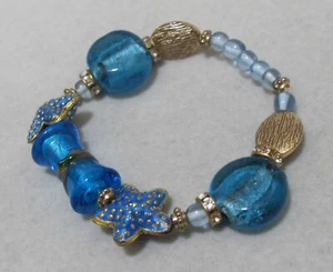 Türkis Blau Kunst Glas Emaille SEESTERN Kristalle Goldfarben Stretch Armband - Bild 1 von 11